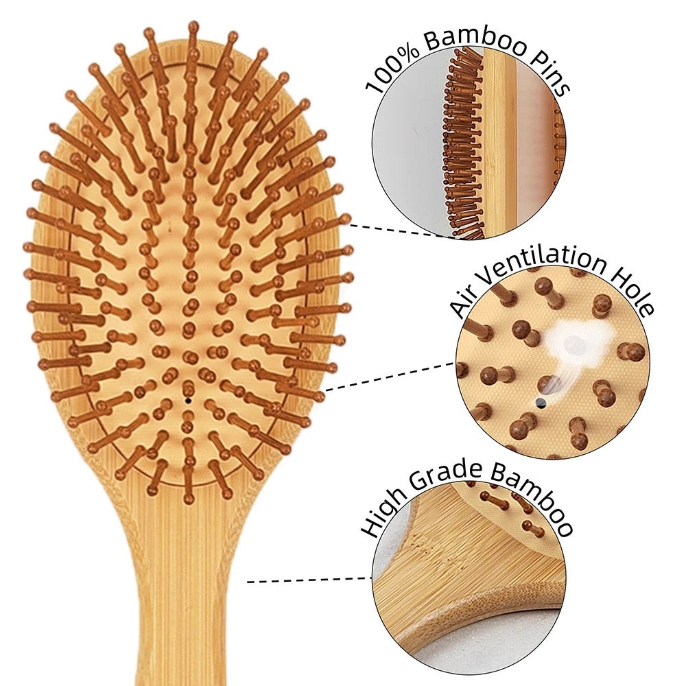 Organic Bamboo Hair Brush with Organic Cotton Bag Suit All Hair Types For Women,Men And Kids